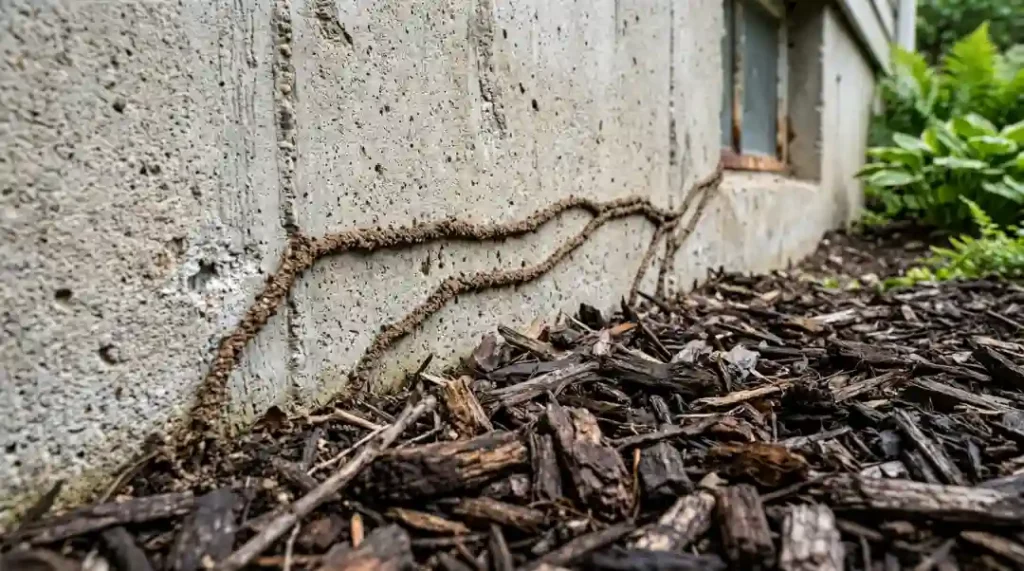 Subterranean termite mud tubes running along a concrete home foundation wall above dark wood chip mulch  early warning sign of termite infestation
