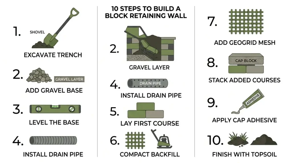 Step-by-step infographic showing 10 steps to construct a retaining wall with block including excavate trench, gravel base, drain pipe, first course, geogrid mesh, cap block, and topsoil finish