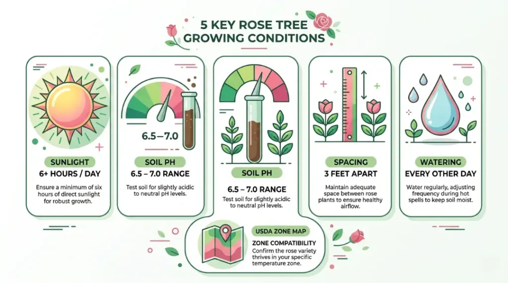 Infographic showing 5 key rose tree growing conditions including 6+ hours sunlight, soil pH 6.5–7.0, 3 feet spacing, watering every other day, and USDA hardiness zone compatibility
