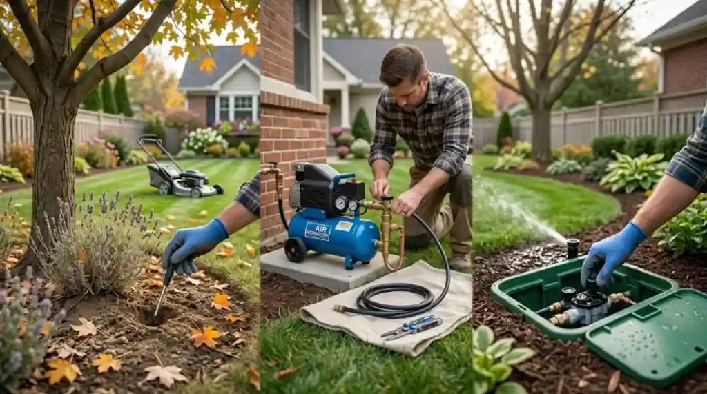 When to winterize irrigation system fall yard prep, air compressor blowout, and valve shutdown steps