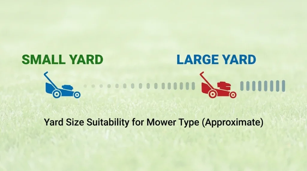 Yard size suitability chart showing a blue push mower for small yards and a red self-propelled mower for large yards with a scale indicating mower type by lawn size