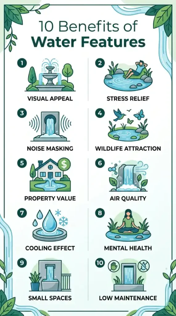 Infographic showing 10 benefits of having a water feature including visual appeal, stress relief, noise masking, wildlife attraction, property value, and mental health