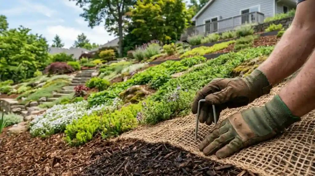 Gardener securing jute netting over shredded bark mulch on a hillside slope using landscape staples to prevent erosion and keep mulch in place