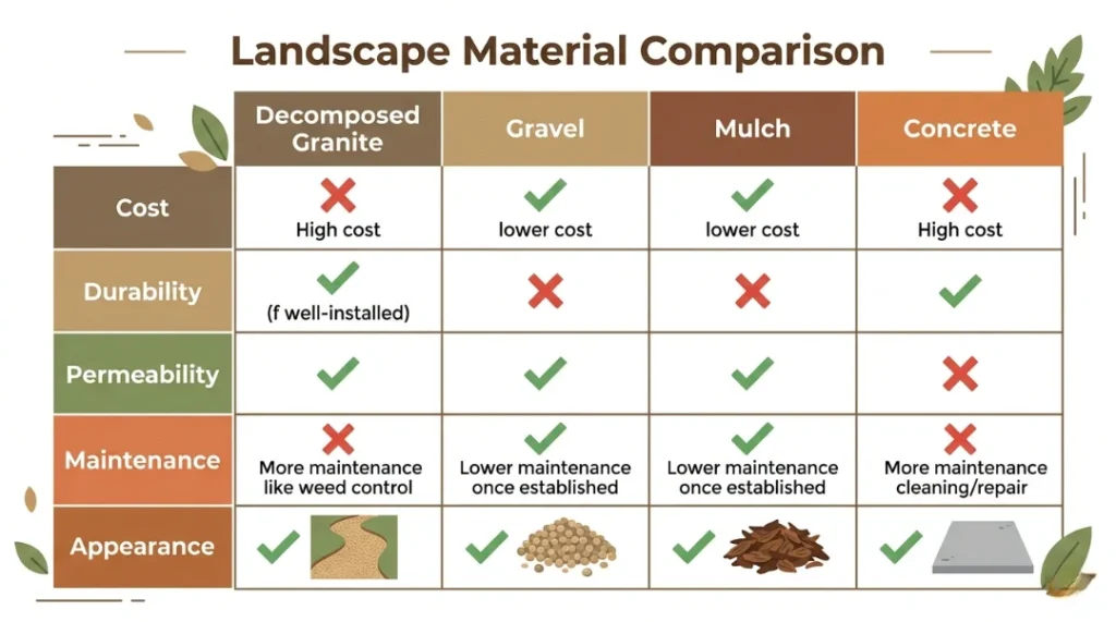 Landscape material comparison infographic showing decomposed granite vs gravel, mulch, and concrete across cost, durability, permeability, maintenance, and appearance