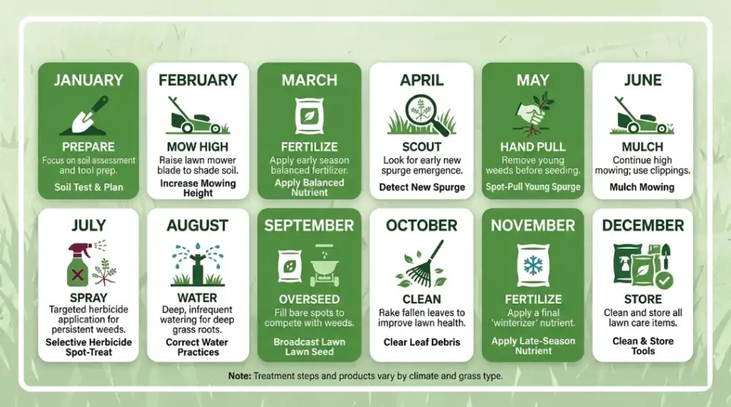 Month-by-month spurge weed treatment calendar infographic showing how to get rid of spurge weed with seasonal lawn care steps from January to December