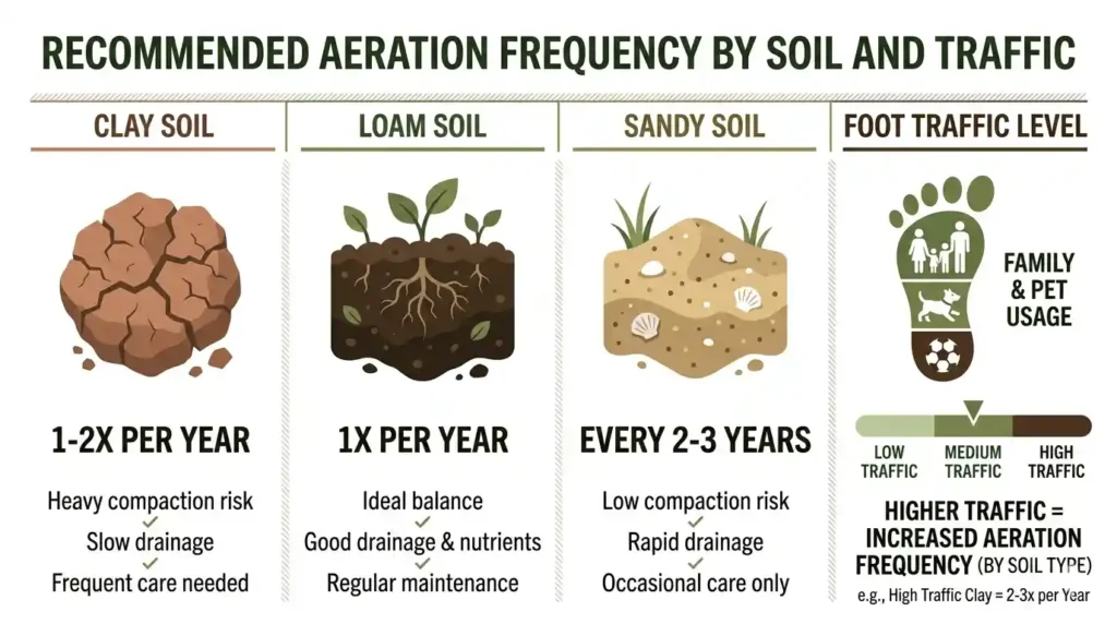 Infographic showing recommended lawn aeration frequency by soil type — clay soil 1-2x per year, loam soil 1x per year, sandy soil every 2-3 years, with foot traffic guide.