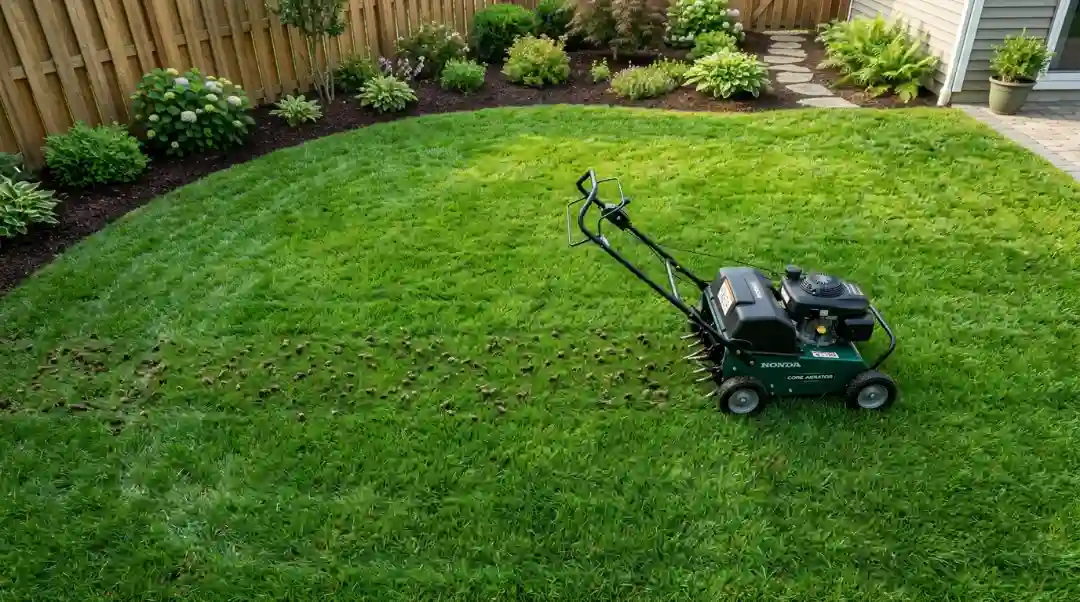 A core aerator machine working on a lush green residential lawn, showing soil plugs how often should you aerate your lawn depends on soil type and grass condition.
