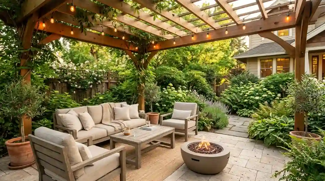 How to design outdoor living spaces with a wood pergola, string lights, lounge furniture, fire pit, and lush garden privacy screening