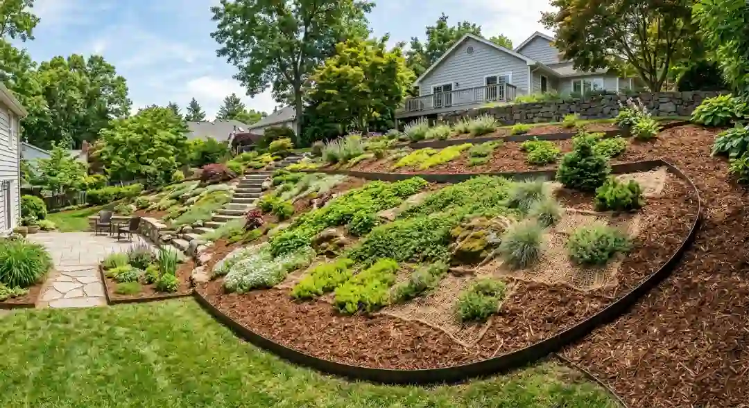 Gardener securing jute netting over shredded bark mulch on a hillside slope using landscape staples to prevent erosion and keep mulch in place
