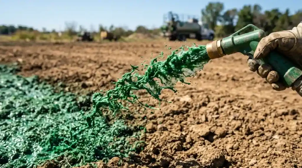 Hydroseeding process close-up showing green slurry mixture being sprayed from a hose nozzle onto bare soil for lawn establishment and erosion control