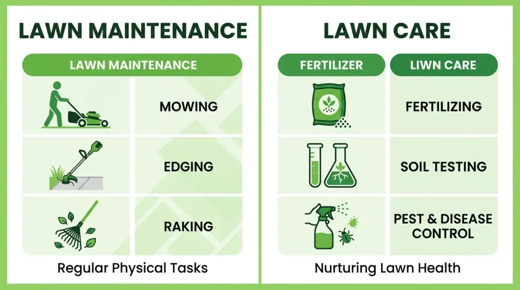 Lawn care vs lawn maintenance infographic showing mowing, edging, and raking on the left versus fertilizing, soil testing, and pest control on the right