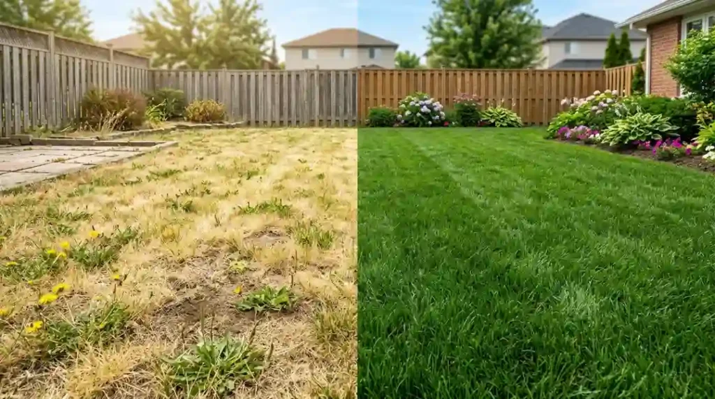 Before and after comparison of an unfertilised patchy yellow lawn with weeds versus a thick healthy green fertilised lawn in a suburban backyard