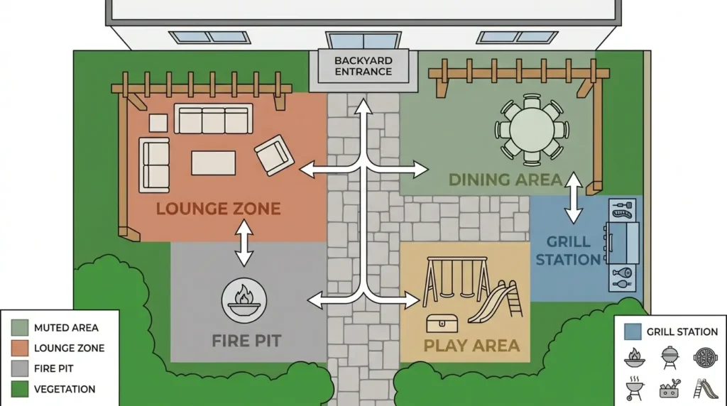 Top-down backyard layout diagram showing outdoor living space zones including lounge zone, dining area, fire pit, grill station, and play area with traffic flow arrows