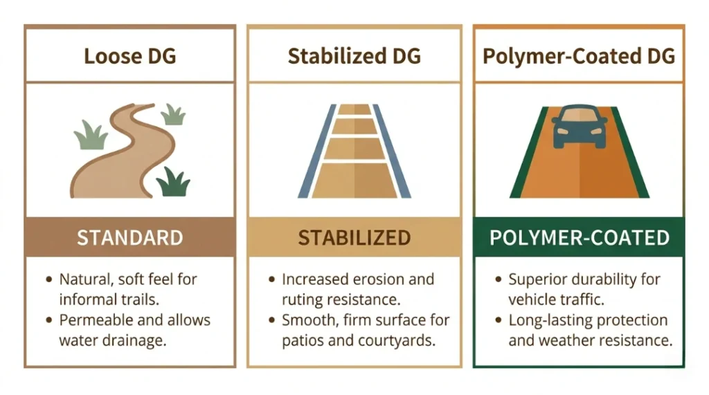 Infographic showing three types of decomposed granite Loose DG, Stabilized DG, and Polymer-Coated DG with uses and benefits for landscaping projects