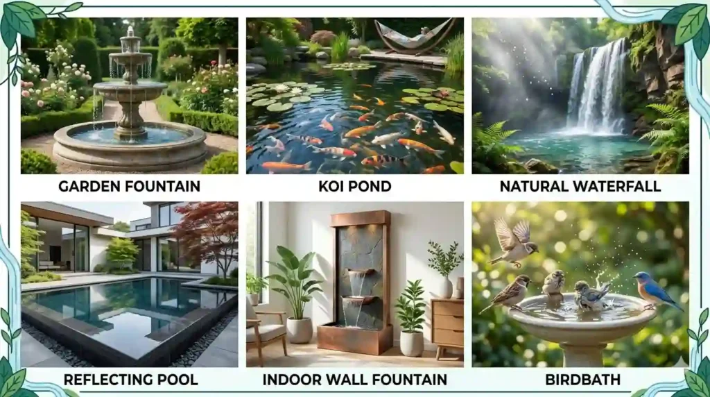 Types of water features to consider including garden fountain, koi pond, natural waterfall, reflecting pool, indoor wall fountain, and birdbath for backyard landscaping