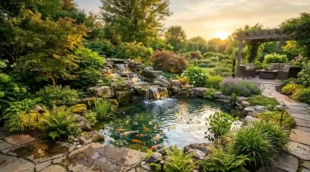 What are the benefits of having a water feature natural stone waterfall flowing into a koi pond surrounded by lush garden landscaping at golden hour