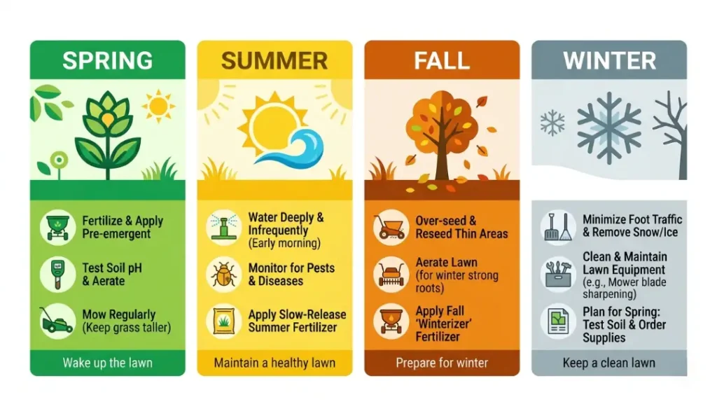 Seasonal lawn care infographic showing spring fertilization and pre-emergent, summer pest monitoring, fall aeration and overseeding, and winter lawn equipment maintenance