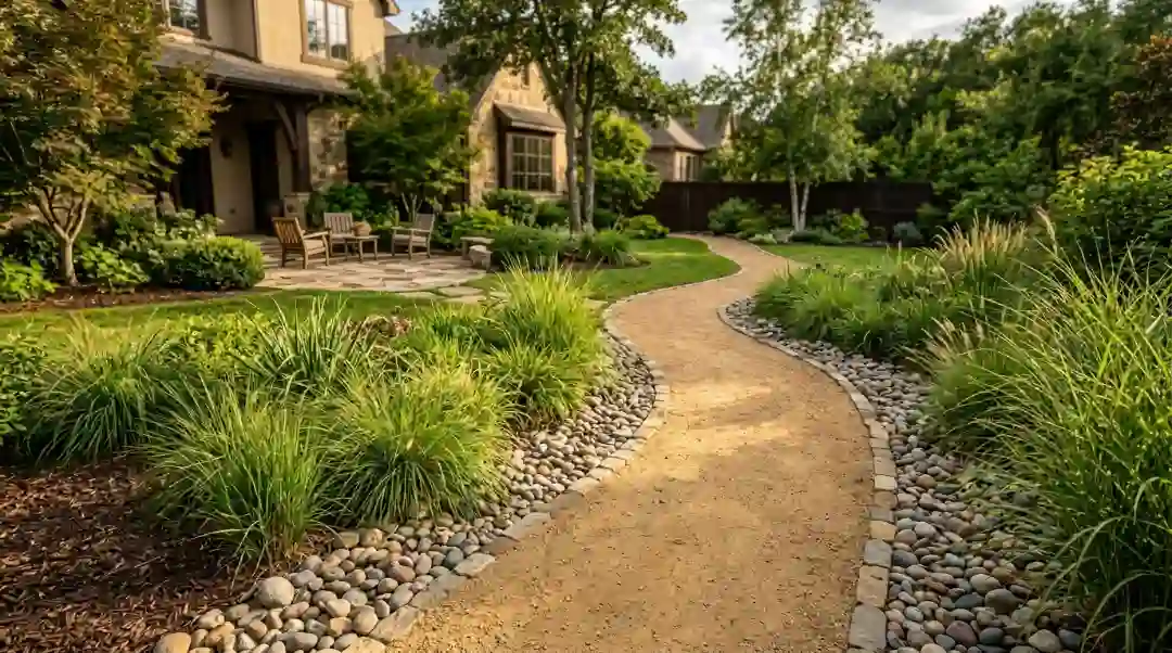 Decomposed granite pathway bordered by river stones and ornamental grasses in a residential backyard What Is Decomposed Granite used for landscaping 155 characters