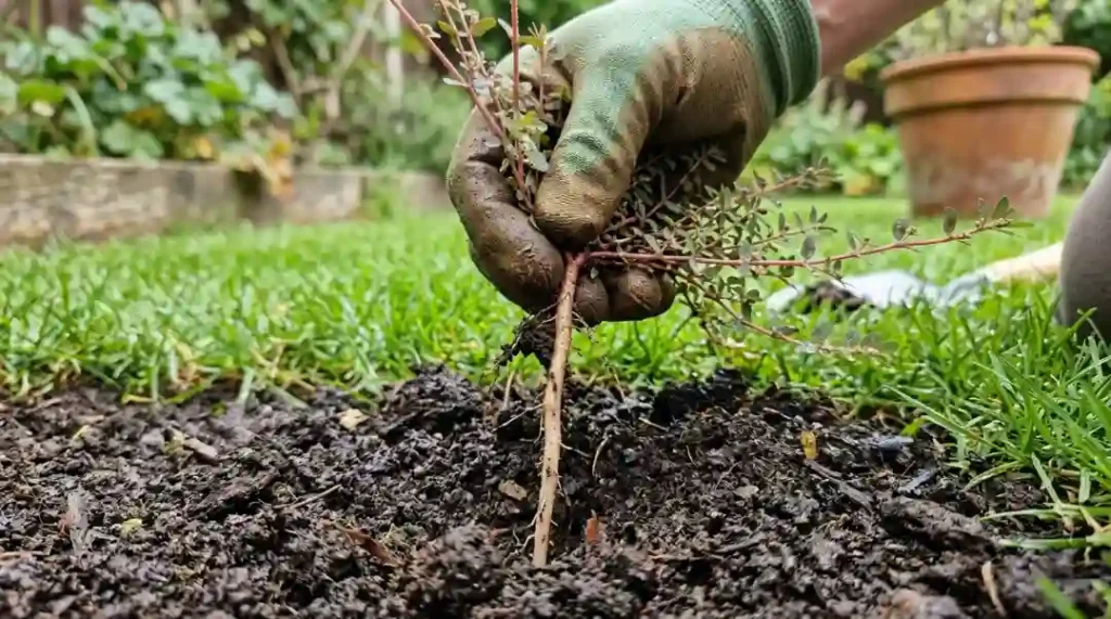 Gloved hands manually pulling spurge weed with full taproot from moist garden soil to get rid of spurge weed