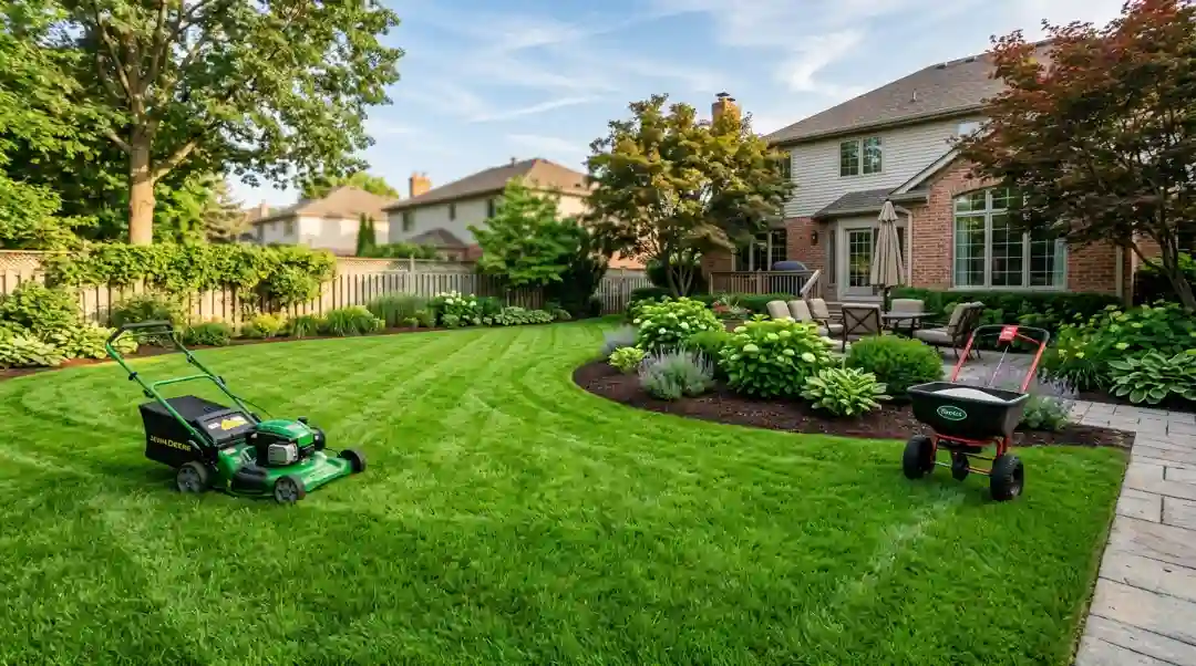What is the difference between lawn care and lawn maintenance shown with a green John Deere lawn mower and fertilizer spreader on a manicured suburban backyard lawn