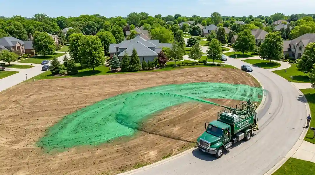 What is hydroseeding — aerial view of a green hydroseeding truck spraying slurry over a bare residential lawn