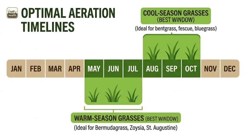 Optimal lawn aeration timeline infographic showing best months for cool-season grasses (August to October) and warm-season grasses (May to July) including fescue, bluegrass, bermudagrass, and zoysia.