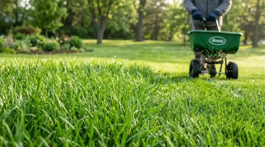 Person using a broadcast spreader to fertilise grass on a lush green lawn in spring