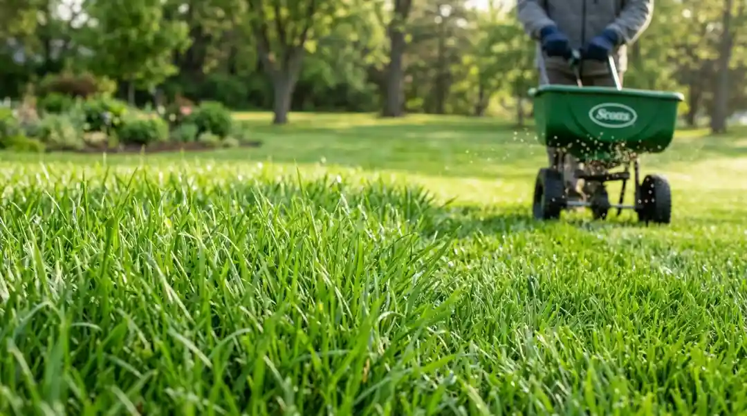 Person using a broadcast spreader to fertilise grass on a lush green lawn in spring