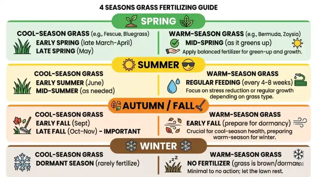 4 seasons grass fertilising guide showing cool-season and warm-season lawn feeding schedule for spring summer autumn and winter
