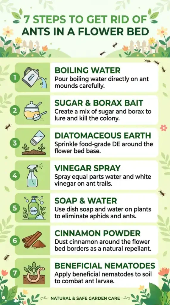 Infographic showing 7 steps to get rid of ants in a flower bed including boiling water, borax bait, diatomaceous earth, and cinnamon