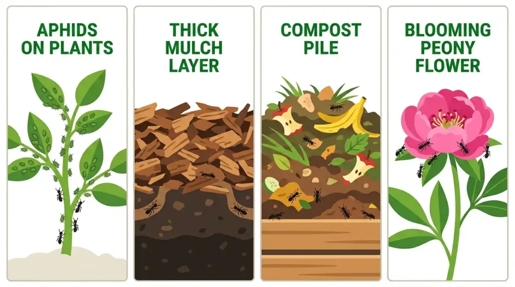 Illustration showing 4 common ant attractants in flower beds — aphids on plants, thick mulch layer, compost pile, and blooming peony flower