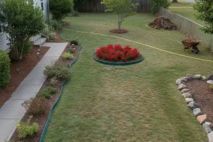 Backyard lawn with circular flower bed, curved borders, mulch beds, and landscaping layout in progress