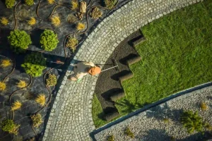 Overhead view of hardscape stone path beside green lawn and landscaped plants showing design contrast