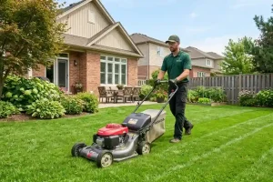 Professional landscaper in green uniform mowing a neat suburban backyard lawn with a Honda mower — illustrating standard landscaping labor and hourly rate services