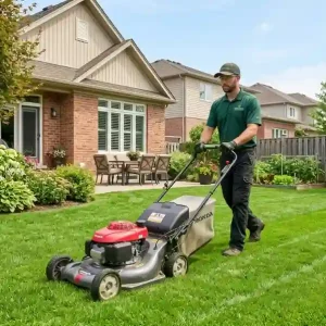 Professional landscaper in green uniform mowing a neat suburban backyard lawn with a Honda mower — illustrating standard landscaping labor and hourly rate services