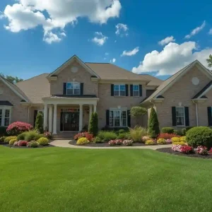 Beautiful front yard with lush lawn, flower beds, and shrubs showing how much does landscaping cost for a home