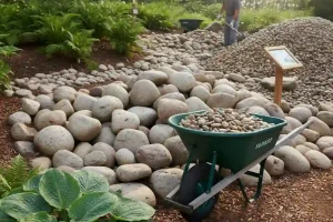 Landscaping project showing river rocks spread with wheelbarrows, explaining how much is a yard of river rock
