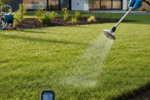 Watering new turf lawn with a sprinkler to show how much to water new turf properly
