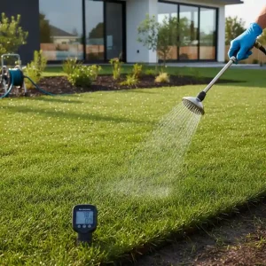 Watering new turf lawn with a sprinkler to show how much to water new turf properly