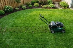 A core aerator machine working on a lush green residential lawn, showing soil plugs how often should you aerate your lawn depends on soil type and grass condition.