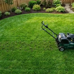 A core aerator machine working on a lush green residential lawn, showing soil plugs how often should you aerate your lawn depends on soil type and grass condition.