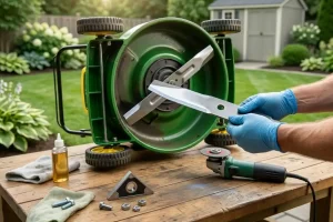 Sharpening lawn mower blades with tools on a workbench, showing how often should you sharpen lawn mower blades.