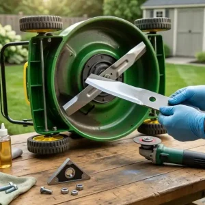 Sharpening lawn mower blades with tools on a workbench, showing how often should you sharpen lawn mower blades.