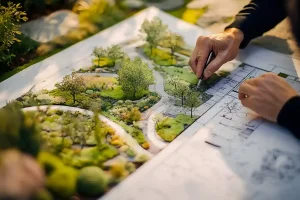 Landscape designer creating a detailed garden plan with plants, paths, and outdoor layout on paper