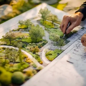 Landscape designer creating a detailed garden plan with plants, paths, and outdoor layout on paper