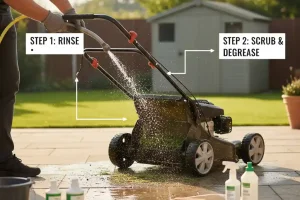 How to clean lawn mower by rinsing and scrubbing the mower deck to remove grass buildup safely