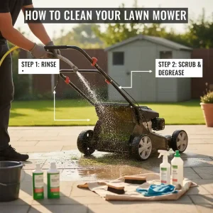 How to clean lawn mower by rinsing and scrubbing the mower deck to remove grass buildup safely