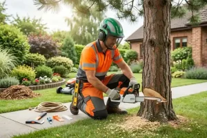 Worker cutting a tree with a chainsaw in a yard, showing how to cut down a tree safely with proper gear.
