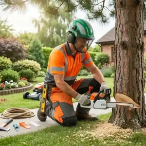 Worker cutting a tree with a chainsaw in a yard, showing how to cut down a tree safely with proper gear.
