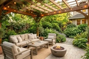 How to design outdoor living spaces with a wood pergola, string lights, lounge furniture, fire pit, and lush garden privacy screening